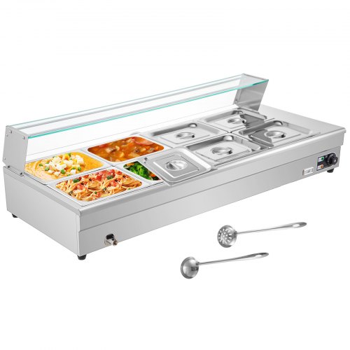 VEVOR 110V Bain Marie Food Warmer 8 Pan x 1/2 GN,Food Grade Stainelss Steel Commercial Food Steam Table 6-Inch Deep, 1500W Electric Countertop Food Warmer 88 Quart with Tempered Glass Shield