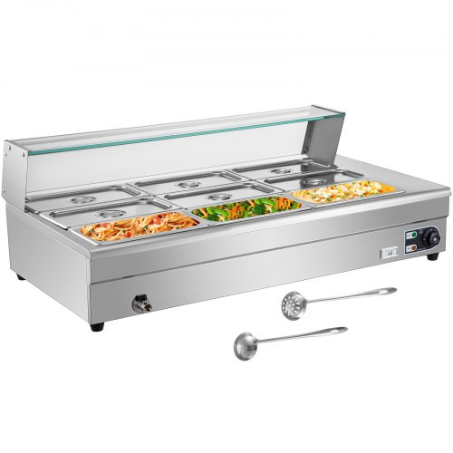 VEVOR 110V Bain Marie Food Warmer 9 Pan x 1/3 GN, Food Grade Stainelss Steel Commercial Food Steam Table 6-Inch Deep, 1500W Electric Countertop Food Warmer 63 Quart with Tempered Glass Shield