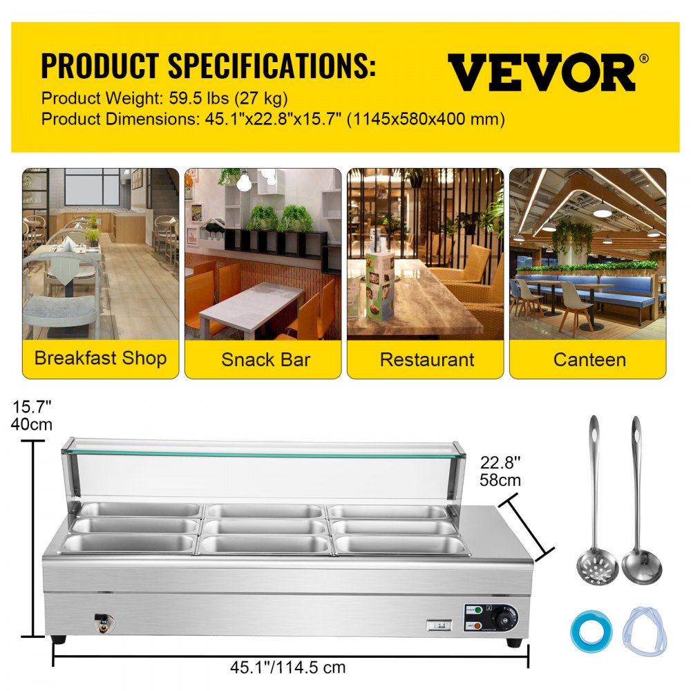 VEVOR Bain Marie 9 x 1/3GN Commercial Electric Food Warmer 15cm-Deep Buffet