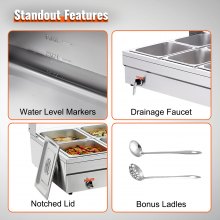 VEVOR 10-Pan Commercial Food Warmer, 10 x 12QT Electric Steam Table with Tempered Glass Cover, 1800W Countertop Stainless Steel Buffet Bain Marie 86-185°F Temp Control for Catering, Restaurant, Silver