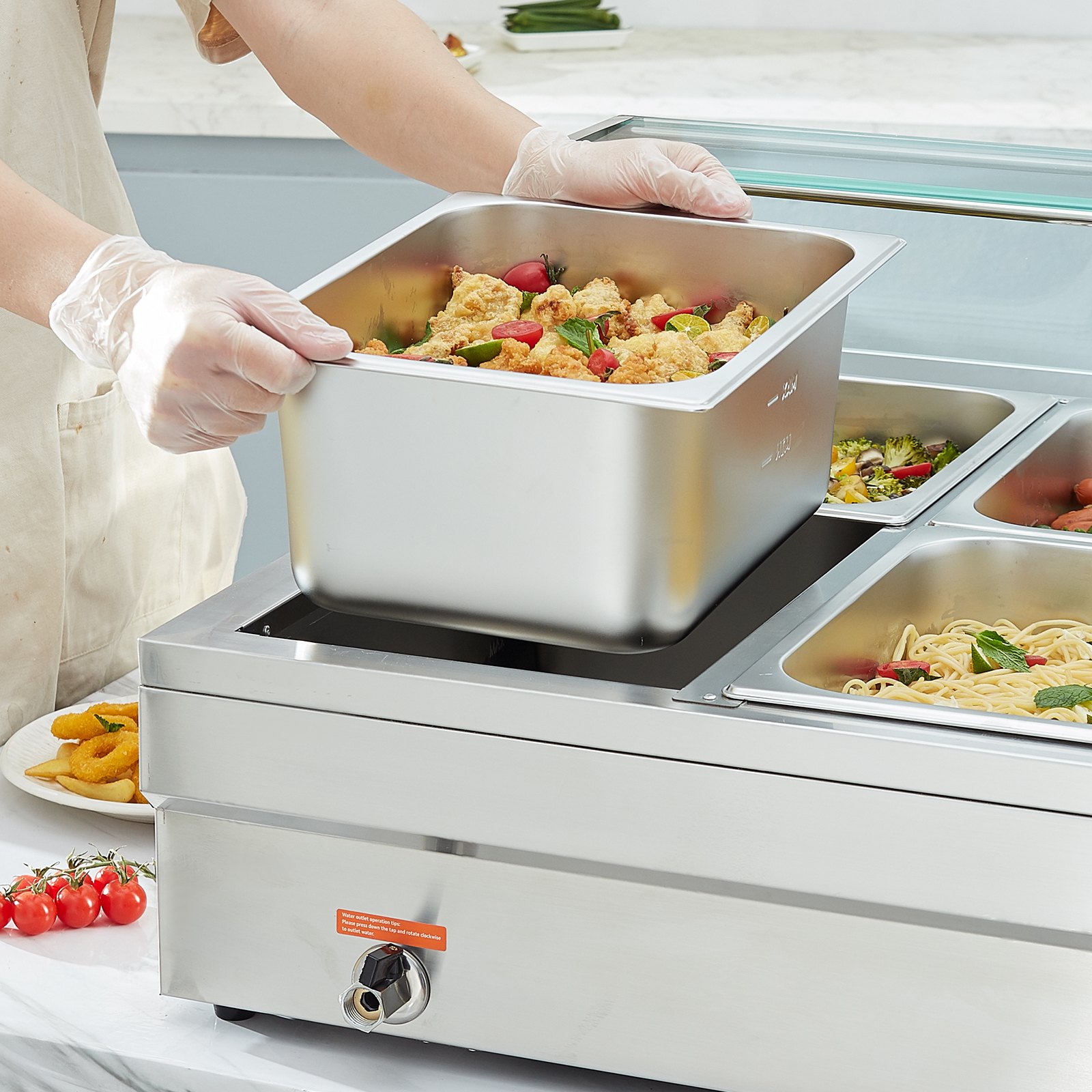 VEVOR 10-Pan Commercial Food Warmer, 10 x 12QT Electric Steam Table with Tempered Glass Cover, 1800W Countertop Stainless Steel Buffet Bain Marie 86-185°F Temp Control for Catering, Restaurant, Silver