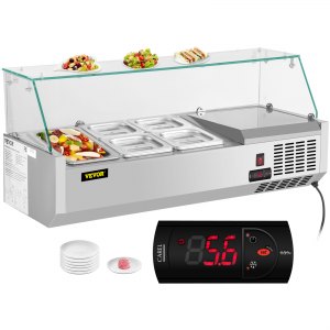VEVOR Refrigerated Condiment Prep Station, 40-Inch, 7.8Qt Sandwich Prep Table with 1 1/3 Pan & 4 1/6 Pans, 150W Salad Bar with 304 Stainless Body Tempered Glass Shield Digital Temp Display Auto Defros | VEVOR US