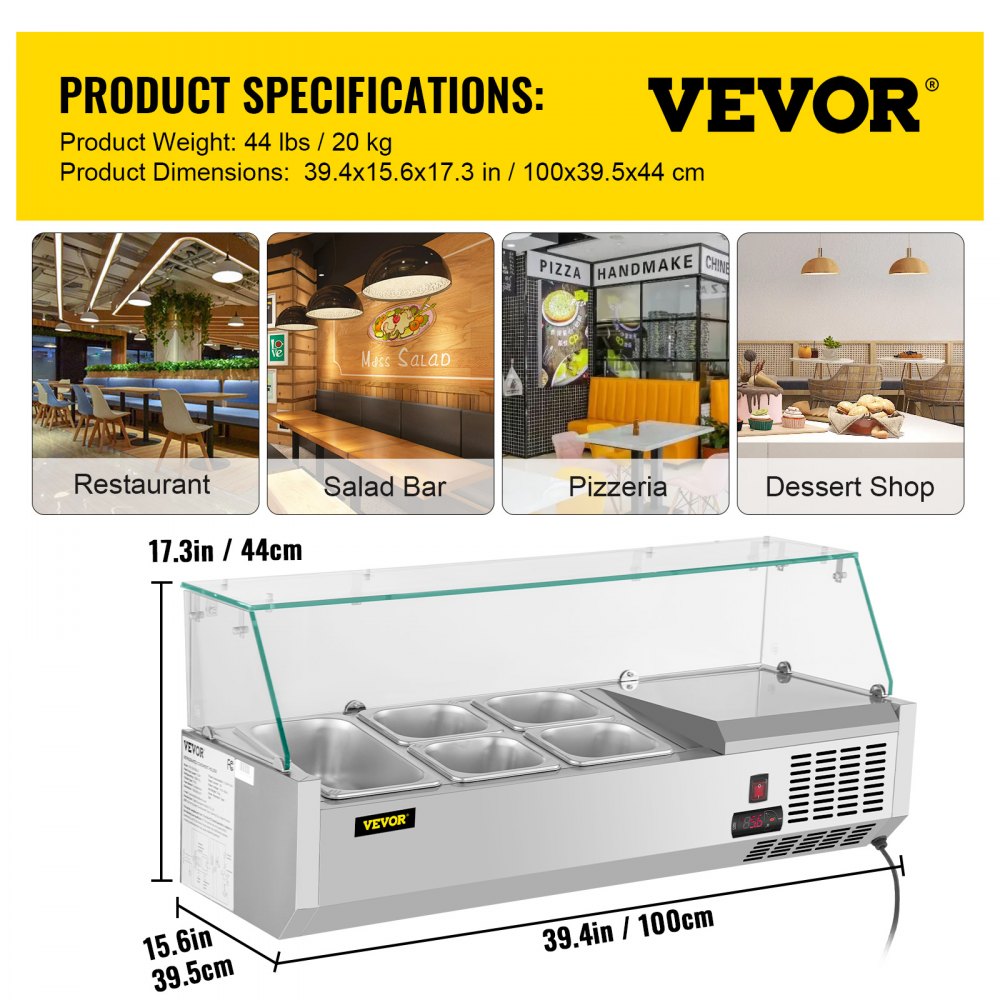 VEVOR Refrigerated Condiment Prep Station, 40-Inch, 7.8Qt Sandwich Prep Table with 1 1/3 Pan & 4 1/6 Pans, 150W Salad Bar with 304 Stainless Body Tempered Glass Shield Digital Temp Display Auto Defros