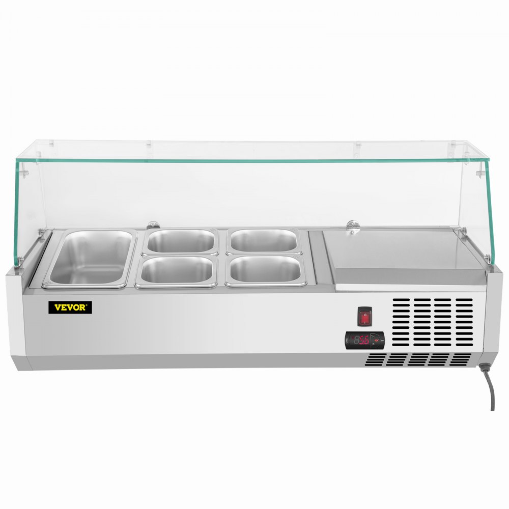 VEVOR Refrigerated Condiment Prep Station, 40-Inch, 7.8Qt Sandwich Prep Table with 1 1/3 Pan & 4 1/6 Pans, 150W Salad Bar with 304 Stainless Body Tempered Glass Shield Digital Temp Display Auto Defros