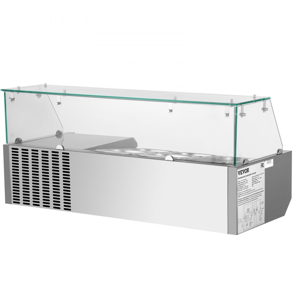 VEVOR Refrigerated Condiment Prep Station, 40-Inch, 7.8Qt Sandwich Prep Table with 1 1/3 Pan & 4 1/6 Pans, 150W Salad Bar with 304 Stainless Body Tempered Glass Shield Digital Temp Display Auto Defros