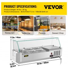 VEVOR Refrigerated Condiment Prep Station, 40-Inch, 7.8Qt Sandwich Prep Table w/ 1 1/3 Pan & 4 1/6 Pans, 150W Salad Bar w/ 304 Stainless Body Tempered Glass Shield Digital Temp Display Auto Defrost