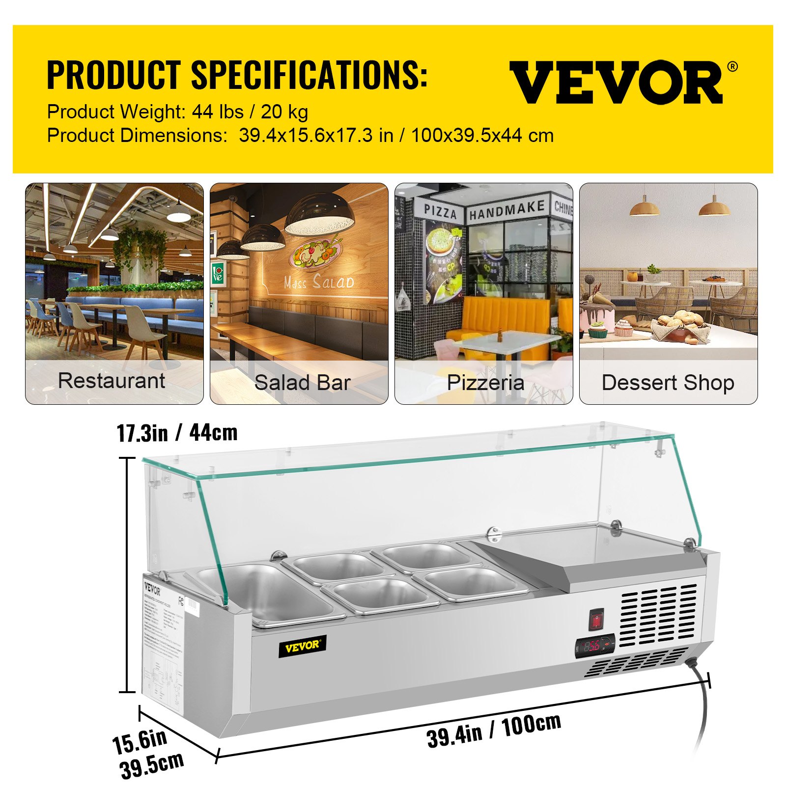 VEVOR Refrigerated Condiment Prep Station, 40-Inch, 7.8Qt Sandwich Prep Table with 1 1/3 Pan & 4 1/6 Pans, 150W Salad Bar with 304 Stainless Body Tempered Glass Shield Digital Temp Display Auto Defros