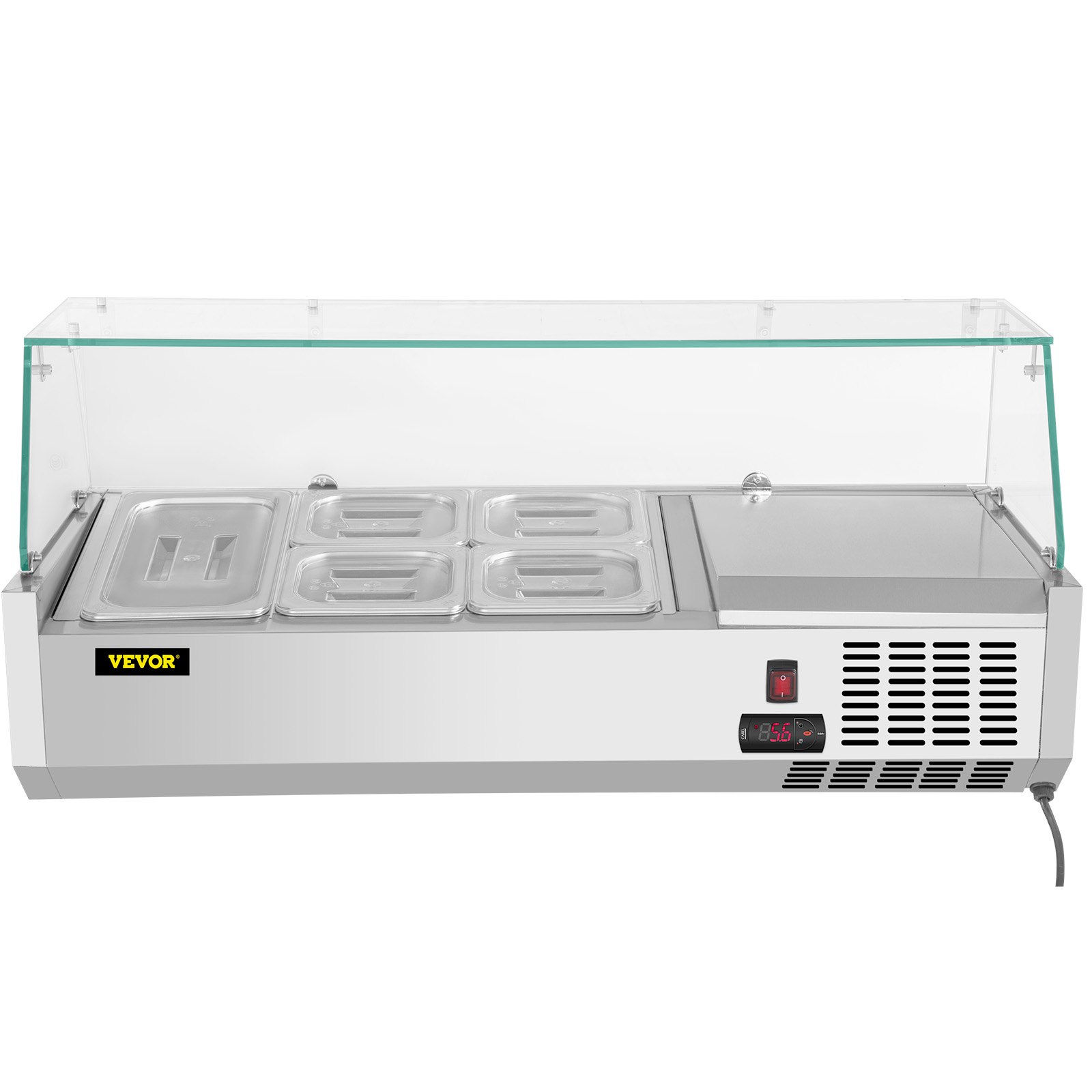VEVOR Refrigerated Condiment Prep Station, 40-Inch, 7.8Qt Sandwich Prep Table with 1 1/3 Pan & 4 1/6 Pans, 150W Salad Bar with 304 Stainless Body Tempered Glass Shield Digital Temp Display Auto Defros