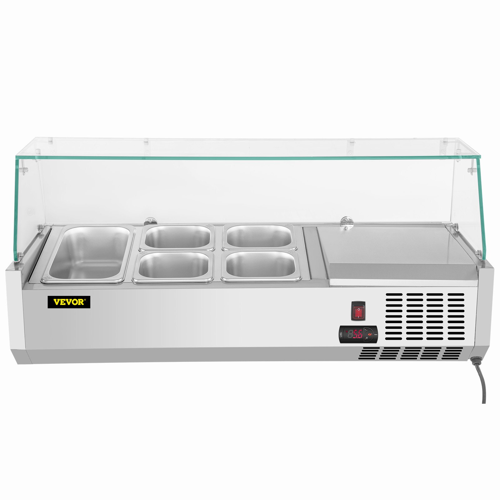 VEVOR Refrigerated Condiment Prep Station, 40-Inch, 7.8Qt Sandwich Prep Table with 1 1/3 Pan & 4 1/6 Pans, 150W Salad Bar with 304 Stainless Body Tempered Glass Shield Digital Temp Display Auto Defros
