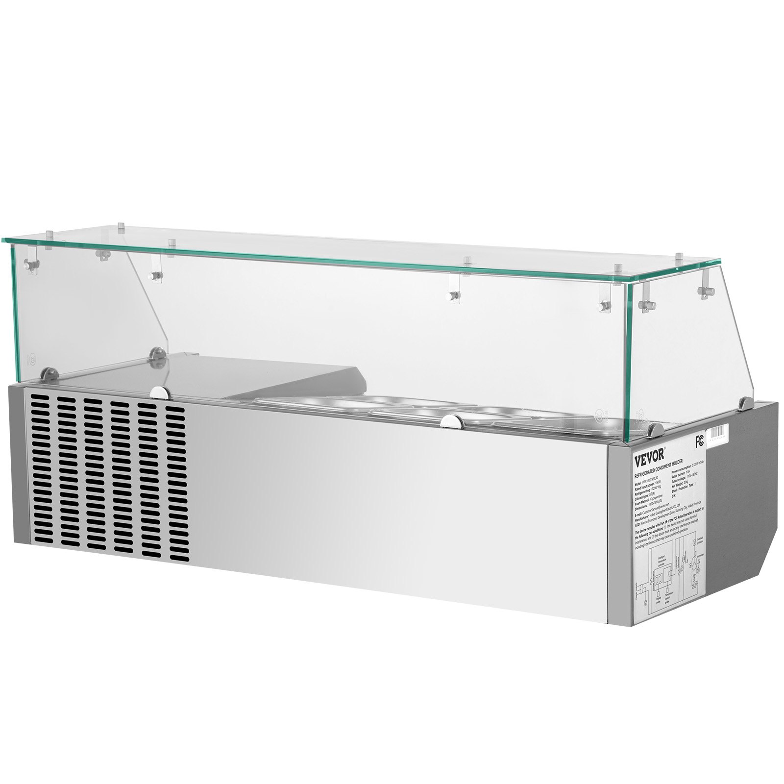 VEVOR Refrigerated Condiment Prep Station, 40-Inch, 7.8Qt Sandwich Prep Table with 1 1/3 Pan & 4 1/6 Pans, 150W Salad Bar with 304 Stainless Body Tempered Glass Shield Digital Temp Display Auto Defros