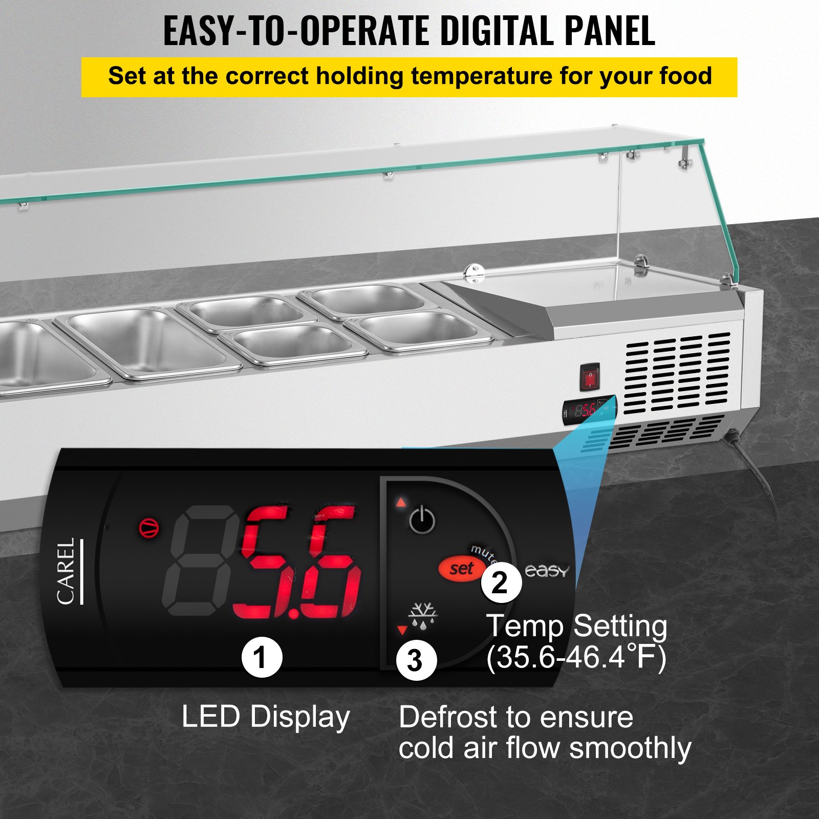 VEVOR Refrigerated Condiment Prep Station, 48-Inch, 10.8Qt Sandwich Prep Table w/ 2 1/3 Pans & 4 1/6 Pans, 146W Salad Bar w/ 304 Stainless Body Tempered Glass Shield Digital Temp Display Auto Defrost