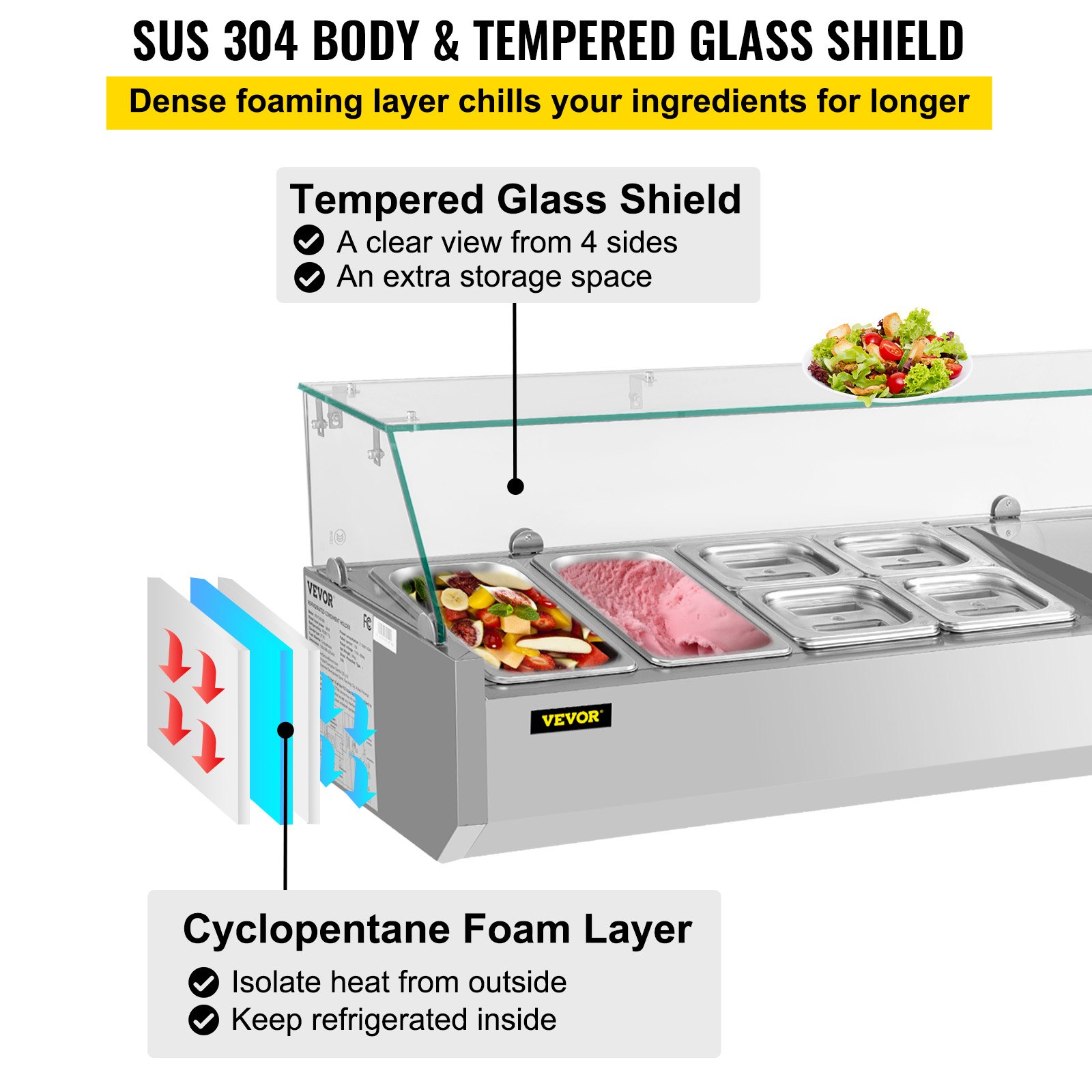 VEVOR Refrigerated Condiment Prep Station, 48-Inch, 10.8Qt Sandwich Prep Table w/ 2 1/3 Pans & 4 1/6 Pans, 146W Salad Bar w/ 304 Stainless Body Tempered Glass Shield Digital Temp Display Auto Defrost
