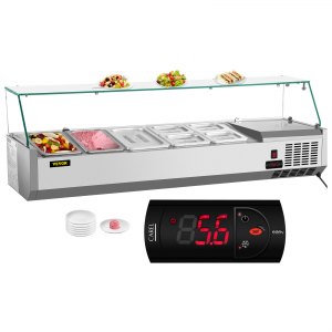 VEVOR Refrigerated Condiment Prep Station, 55-Inch, 13.8Qt Sandwich Prep Table with 3 1/3 Pans & 4 1/6 Pans, 150W Salad Bar with 304 Stainless Body Tempered Glass Shield Digital Temp Display Auto Defr | VEVOR US