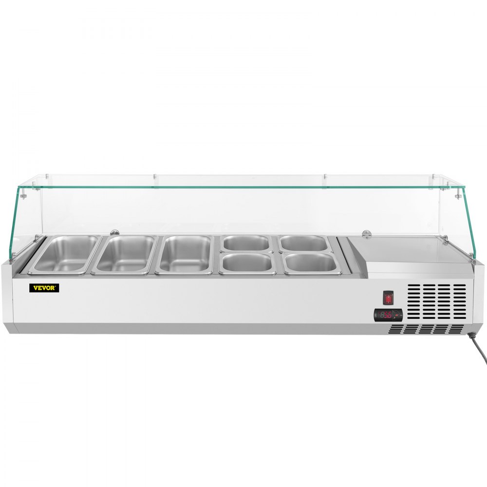 VEVOR Refrigerated Condiment Prep Station, 55-Inch, 13.8Qt Sandwich Prep Table with 3 1/3 Pans & 4 1/6 Pans, 150W Salad Bar with 304 Stainless Body Tempered Glass Shield Digital Temp Display Auto Defr