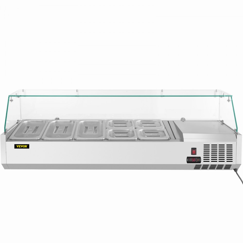 VEVOR Refrigerated Condiment Prep Station, 55-Inch, 13.8Qt Sandwich Prep Table with 3 1/3 Pans & 4 1/6 Pans, 150W Salad Bar with 304 Stainless Body Tempered Glass Shield Digital Temp Display Auto Defr