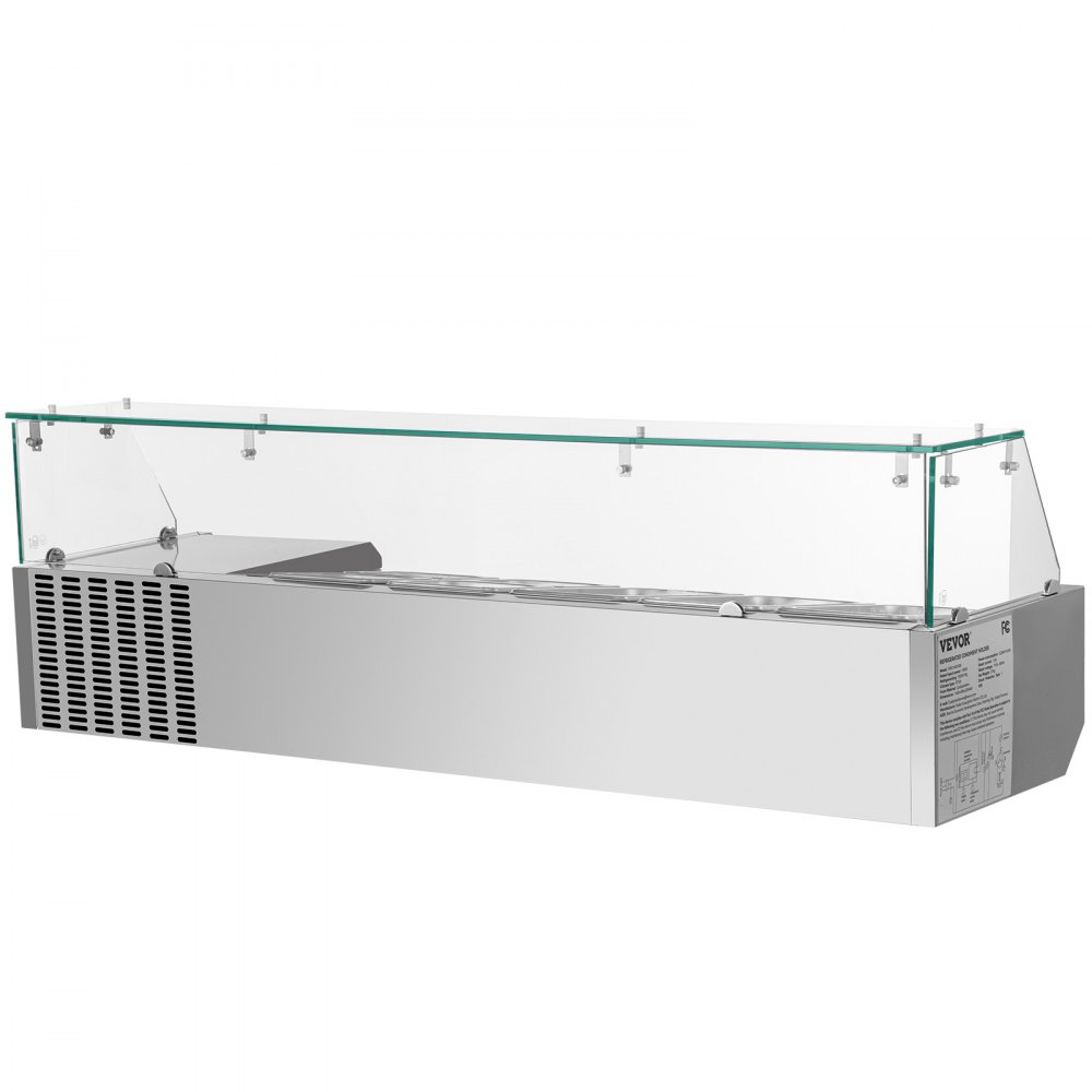 VEVOR Refrigerated Condiment Prep Station, 55-Inch, 13.8Qt Sandwich Prep Table with 3 1/3 Pans & 4 1/6 Pans, 150W Salad Bar with 304 Stainless Body Tempered Glass Shield Digital Temp Display Auto Defr