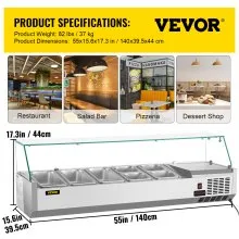 VEVOR Refrigerated Condiment Prep Station, 55-Inch, 13.8Qt Sandwich Prep Table w/ 3 1/3 Pans & 4 1/6 Pans, 150W Salad Bar w/ 304 Stainless Body Tempered Glass Shield Digital Temp Display Auto Defrost