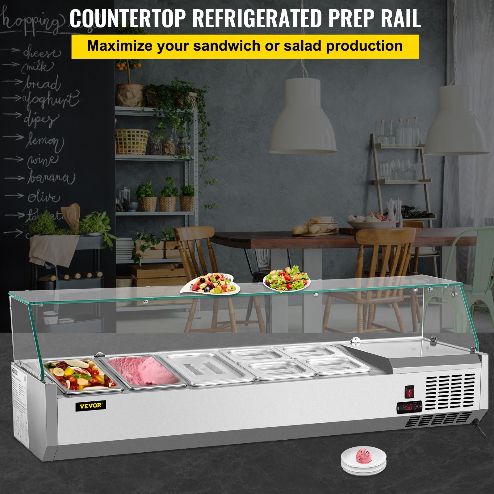 VEVOR Refrigerated Condiment Prep Station, 55-Inch, 13.8Qt Sandwich Prep Table with 3 1/3 Pans & 4 1/6 Pans, 150W Salad Bar with 304 Stainless Body Tempered Glass Shield Digital Temp Display Auto Defr