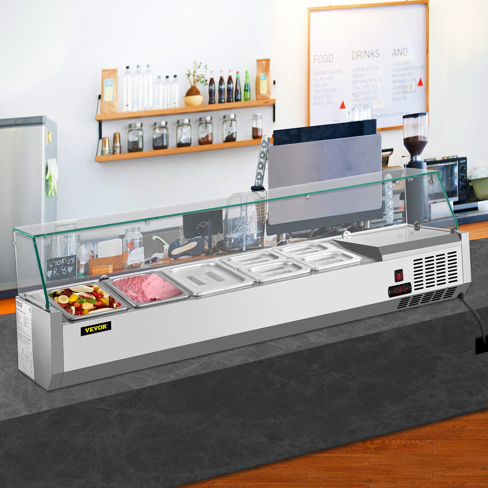 VEVOR Refrigerated Condiment Prep Station, 55-Inch, 13.8Qt Sandwich Prep Table with 3 1/3 Pans & 4 1/6 Pans, 150W Salad Bar with 304 Stainless Body Tempered Glass Shield Digital Temp Display Auto Defr