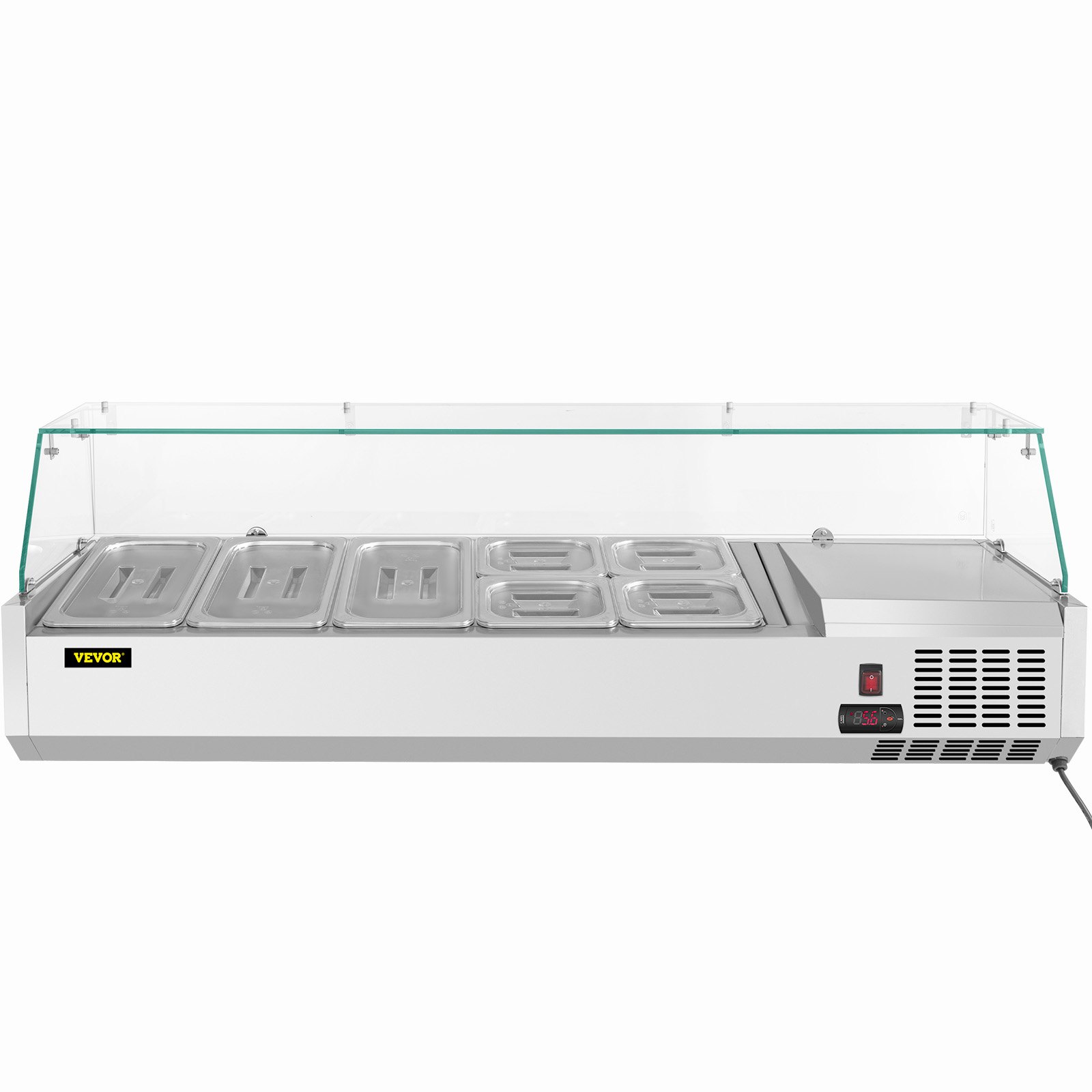 VEVOR Refrigerated Condiment Prep Station, 55-Inch, 13.8Qt Sandwich Prep Table with 3 1/3 Pans & 4 1/6 Pans, 150W Salad Bar with 304 Stainless Body Tempered Glass Shield Digital Temp Display Auto Defr