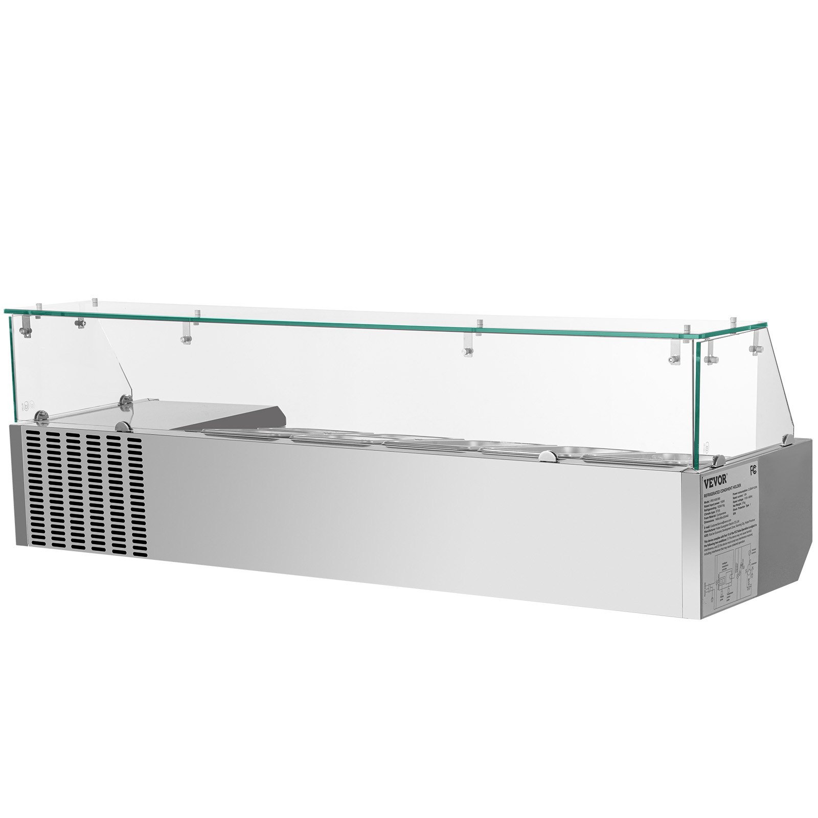 VEVOR Refrigerated Condiment Prep Station, 55-Inch, 13.8Qt Sandwich Prep Table with 3 1/3 Pans & 4 1/6 Pans, 150W Salad Bar with 304 Stainless Body Tempered Glass Shield Digital Temp Display Auto Defr