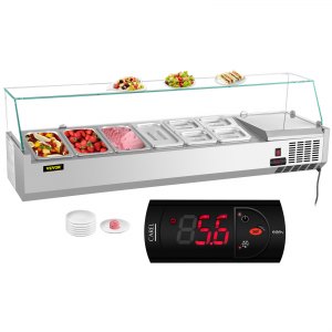 VEVOR Refrigerated Condiment Prep Station, 60-Inch, 16.8Qt Sandwich Prep Table with 4 1/3 Pans & 4 1/6 Pans, 146W Salad Bar with 304 Stainless Body Tempered Glass Shield Digital Temp Display Auto Defr | VEVOR US