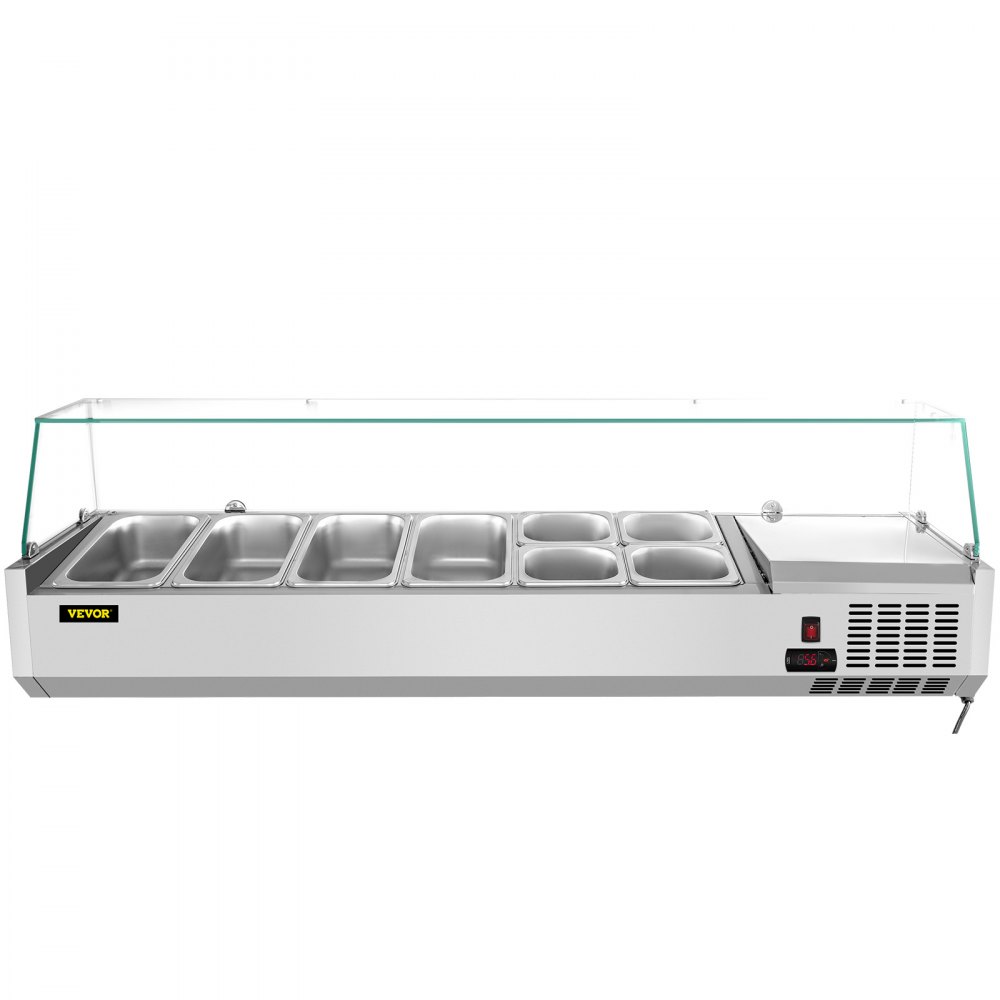 VEVOR Refrigerated Condiment Prep Station, 60-Inch, 16.8Qt Sandwich Prep Table with 4 1/3 Pans & 4 1/6 Pans, 146W Salad Bar with 304 Stainless Body Tempered Glass Shield Digital Temp Display Auto Defr