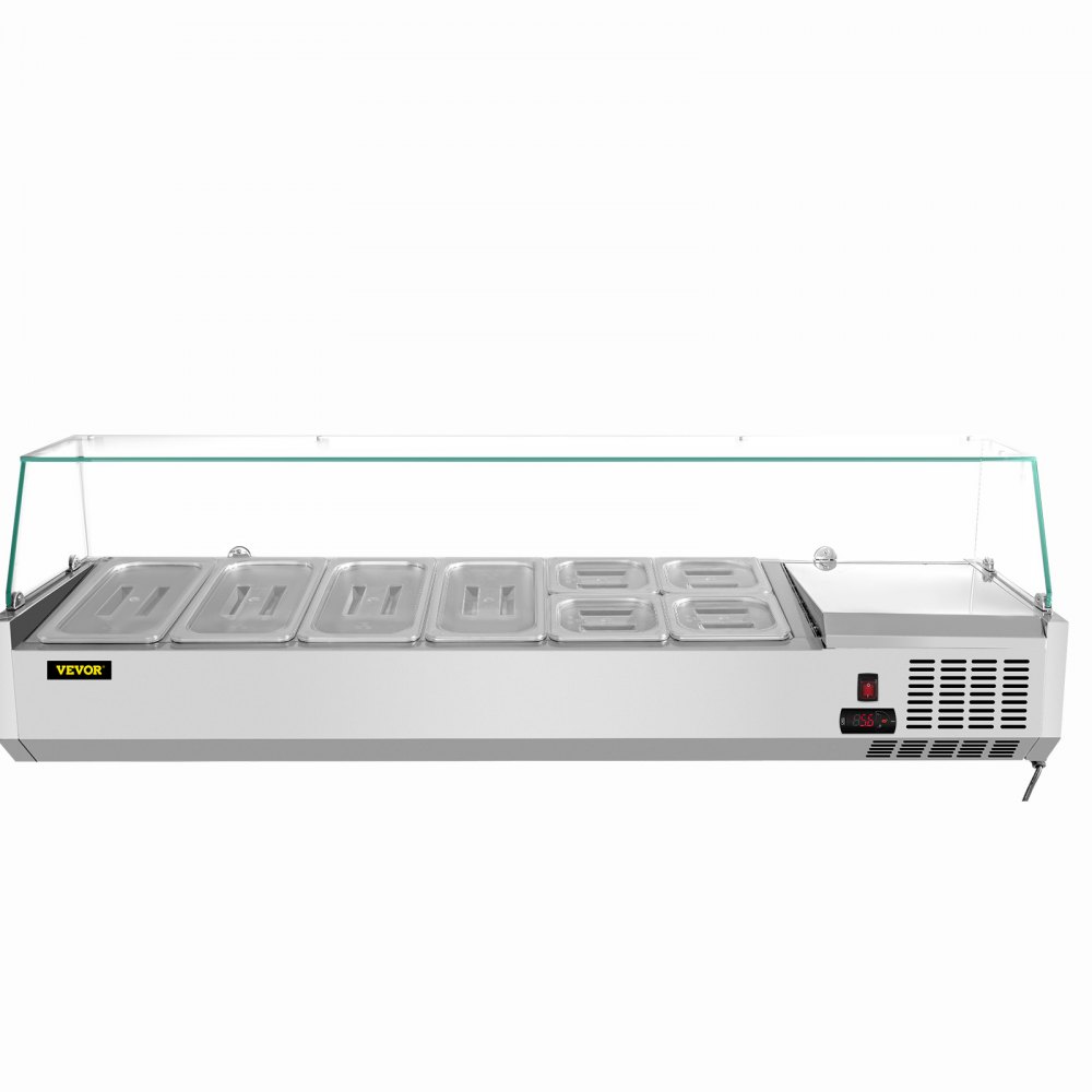 VEVOR Refrigerated Condiment Prep Station, 60-Inch, 16.8Qt Sandwich Prep Table with 4 1/3 Pans & 4 1/6 Pans, 146W Salad Bar with 304 Stainless Body Tempered Glass Shield Digital Temp Display Auto Defr