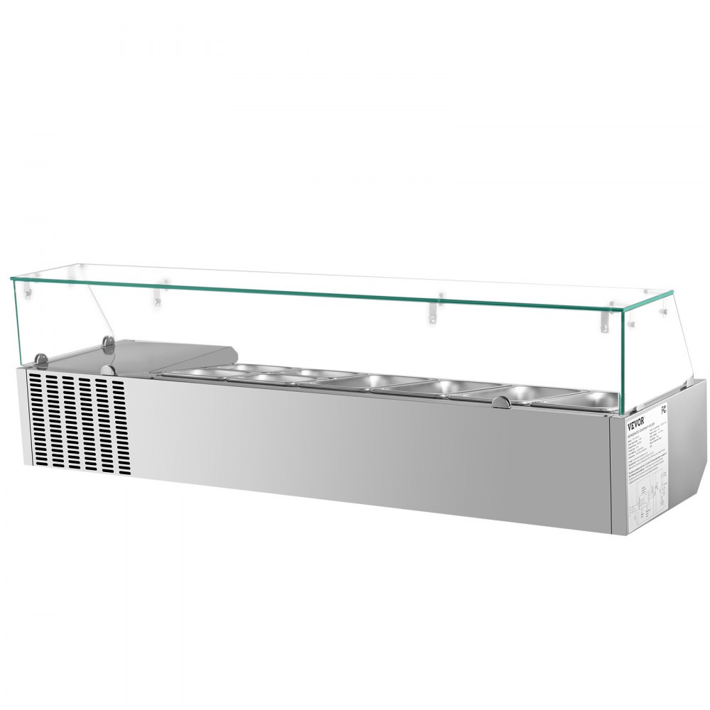 VEVOR Refrigerated Condiment Prep Station, 60-Inch, 16.8Qt Sandwich Prep Table with 4 1/3 Pans & 4 1/6 Pans, 146W Salad Bar with 304 Stainless Body Tempered Glass Shield Digital Temp Display Auto Defr