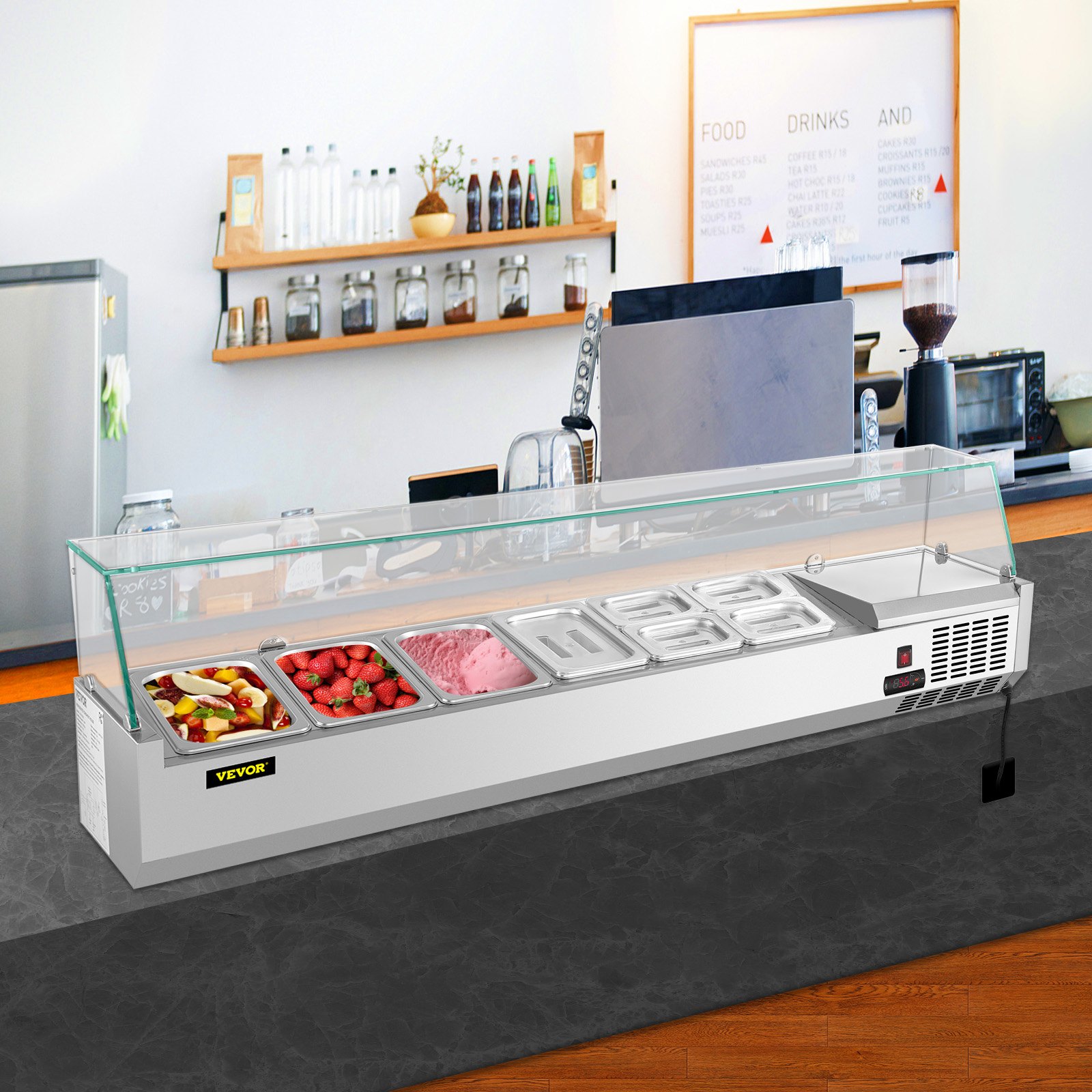 VEVOR Refrigerated Condiment Prep Station, 60-Inch, 16.8Qt Sandwich Prep Table with 4 1/3 Pans & 4 1/6 Pans, 146W Salad Bar with 304 Stainless Body Tempered Glass Shield Digital Temp Display Auto Defr
