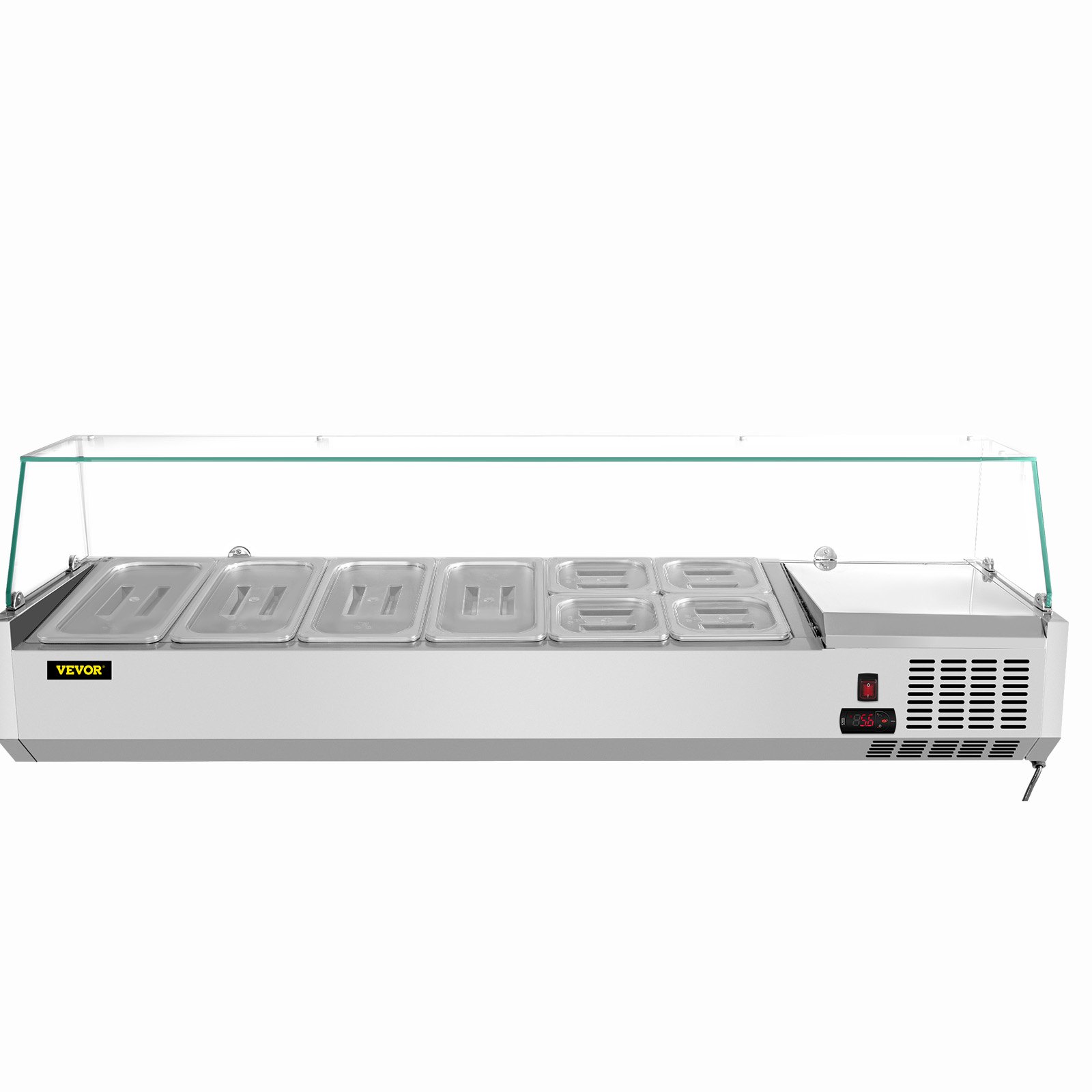 VEVOR Refrigerated Condiment Prep Station, 60-Inch, 16.8Qt Sandwich Prep Table with 4 1/3 Pans & 4 1/6 Pans, 146W Salad Bar with 304 Stainless Body Tempered Glass Shield Digital Temp Display Auto Defr