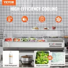 VEVOR Refrigerated Condiment Prep Station, 140 W Countertop Refrigerated Condiment Station, with 3 1/3 Pans & 4 1/6 Pans, 304 Stainless Body and PC Lid, Sandwich Prep Table with Glass Guard, ETL
