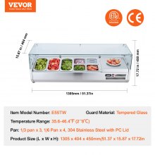 VEVOR Refrigerated Condiment Prep Station, 140 W Countertop Refrigerated Condiment Station, with 3 1/3 Pans & 4 1/6 Pans, 304 Stainless Body and PC Lid, Sandwich Prep Table with Glass Guard, ETL
