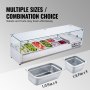 VEVOR refrigerated condiment prep station with multiple pan sizes displaying fresh produce.