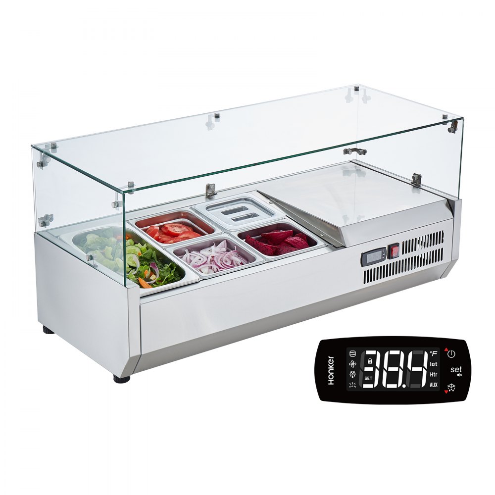 VEVOR refrigerated condiment prep station with glass cover and digital temperature control display.