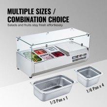 VEVOR Refrigerated Condiment Prep Station, 130 W Countertop Refrigerated Condiment Station, with 1 1/3 Pan & 4 1/6 Pans, 304 Stainless Body and PC Lid, Sandwich Prep Table with Glass Guard, ETL