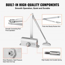 VEVOR Door Closer, Automatic Door Closer Commercial or Residential Use for Door Weights 100 Lbs, Adjustable Size Hydraulic Buffer Door Closers Heavy Duty Cast Aluminum Body, Easy Install, Silver
