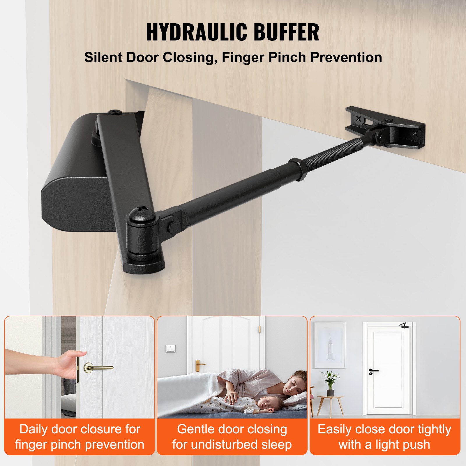 VEVOR Door Closer, Automatic Door Closer Commercial or Residential Use for Door Weights 85 kg, Adjustable Size Hydraulic Buffer Door Closers Heavy Duty Cast Aluminum Body, Easy Install, Black