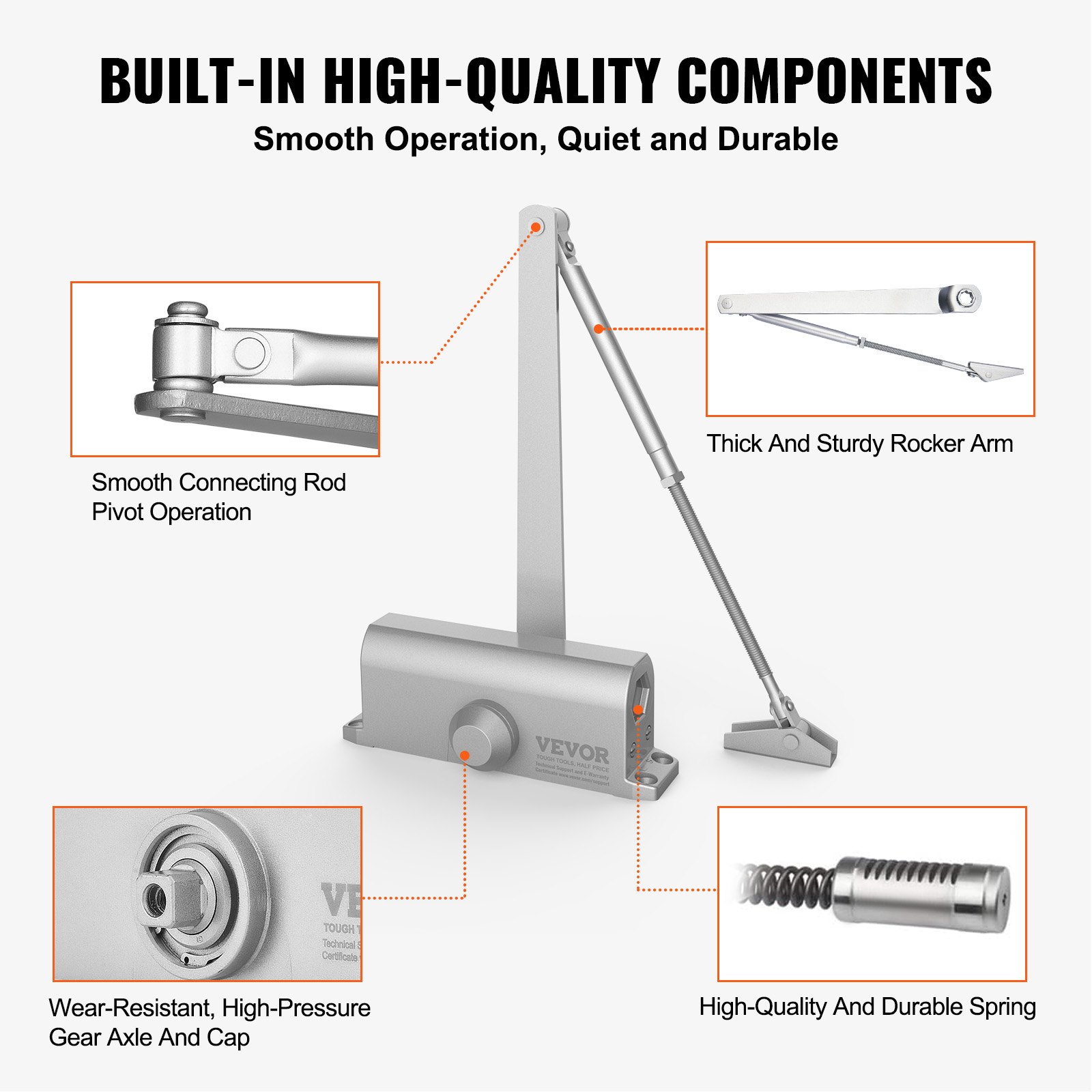 VEVOR Door Closer, Automatic Door Closer Commercial or Residential Use for Door Weights 85 kg, Adjustable Size Hydraulic Buffer Door Closers Heavy Duty Cast Aluminum Body, Easy Install, Silver