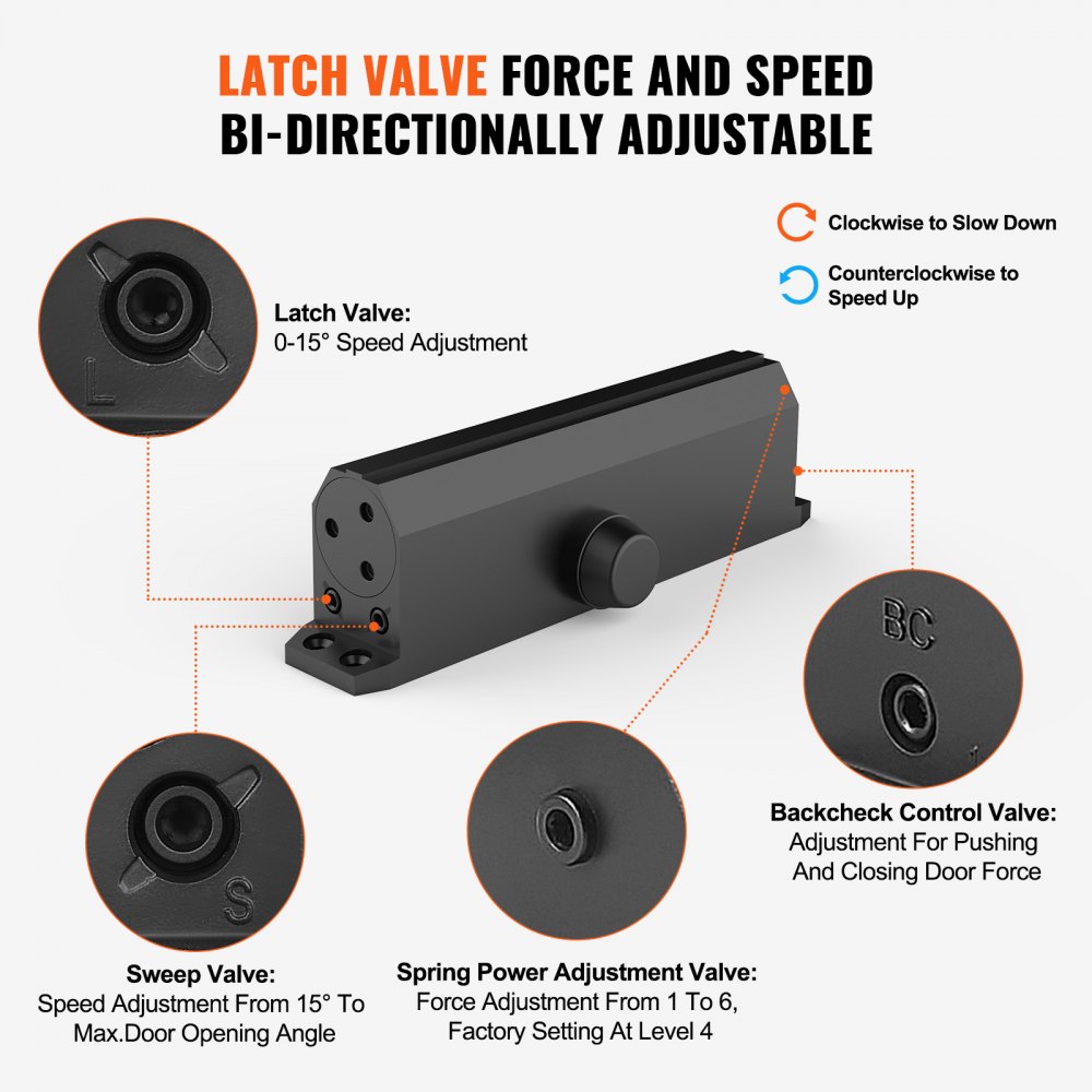 VEVOR Door Closer, Automatic Door Closer Commercial or Residential Use for Door Weights 120 kg, Adjustable Size Hydraulic Buffer Door Closers Heavy Duty Cast Aluminum Body, Easy Install, Black