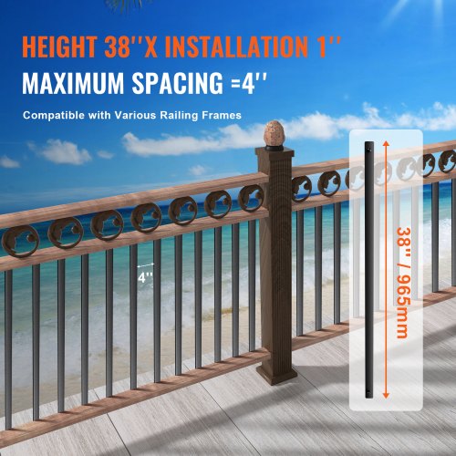 VEVOR Staircase Metal Balusters, 38 x 1 in. Flat Aluminum Alloy Decorative Banister Spindles, 72 Pack Deck Baluster with Screw