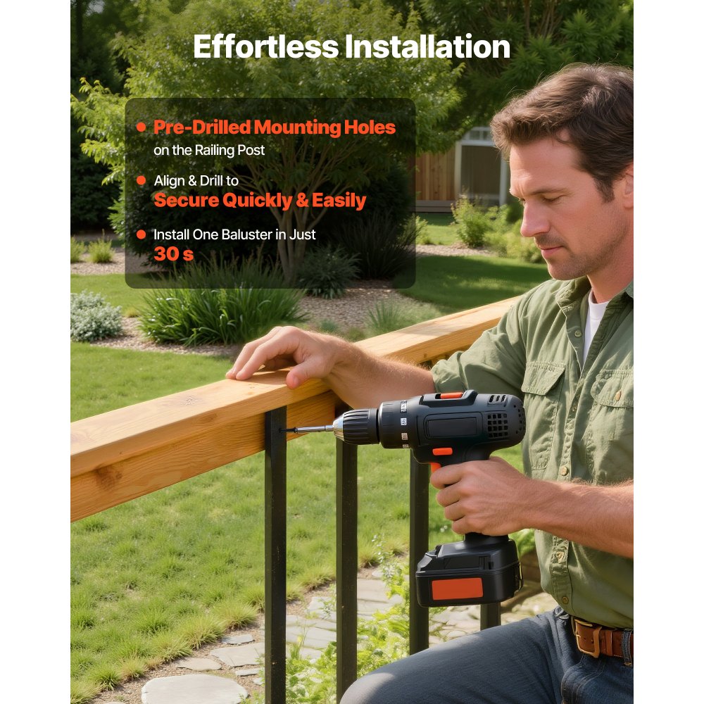 VEVOR 61 Pack Deck Balusters, 75 cm Galvanized Steel Railing Spindles, Hollow Rectangle Metal Decking Stair Balusters with Pre-Drilled Hole, End Caps, Screws, for Deck, Porch & Stair Railing, Black