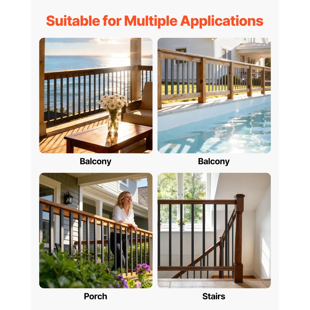 VEVOR 61 Pack Deck Balusters, 75 cm Galvanized Steel Railing Spindles, Hollow Rectangle Metal Decking Stair Balusters with Pre-Drilled Hole, End Caps, Screws, for Deck, Porch & Stair Railing, Black