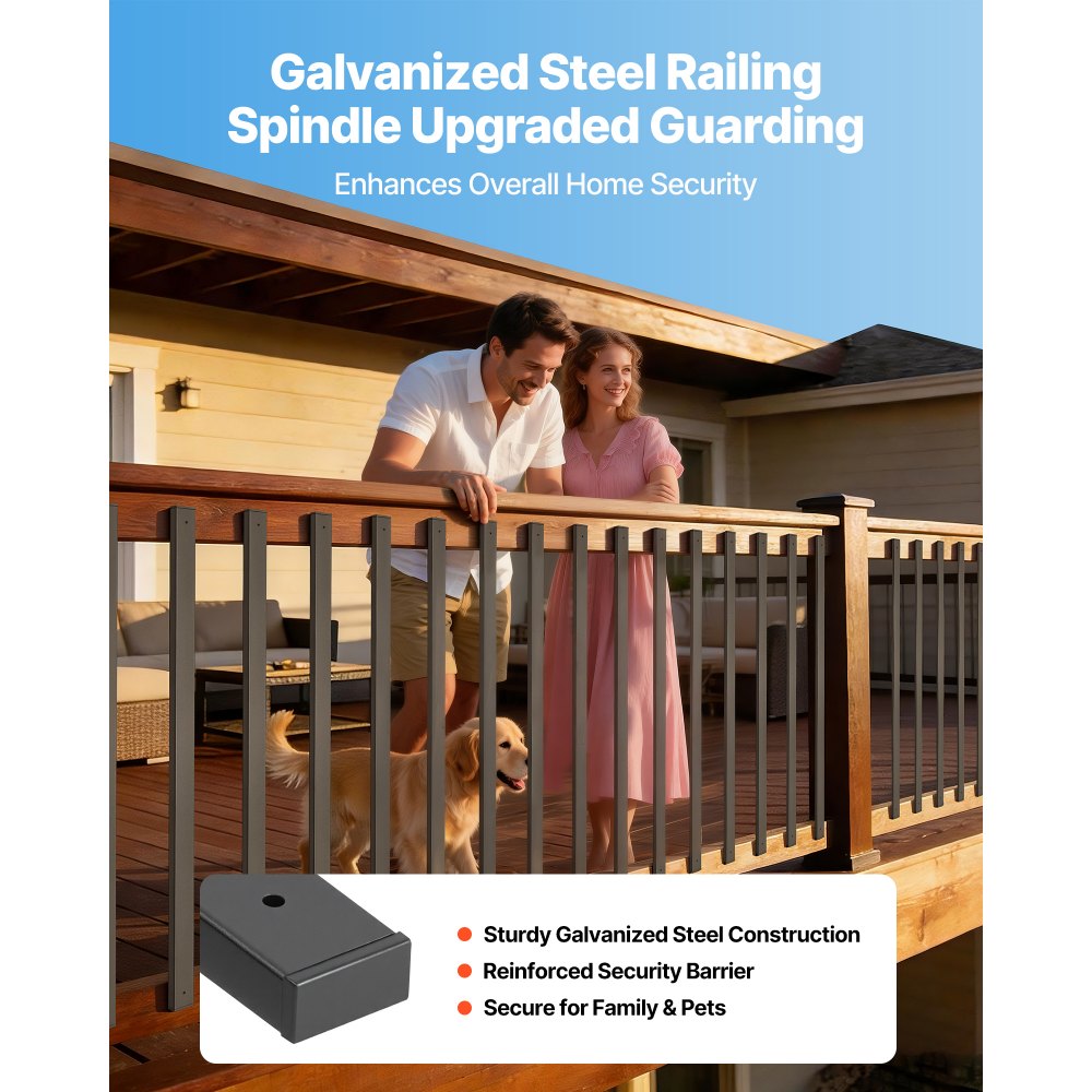 VEVOR 61 Pack Deck Balusters, 75 cm Galvanized Steel Railing Spindles, Hollow Rectangle Metal Decking Stair Balusters with Pre-Drilled Hole, End Caps, Screws, for Deck, Porch & Stair Railing, Black