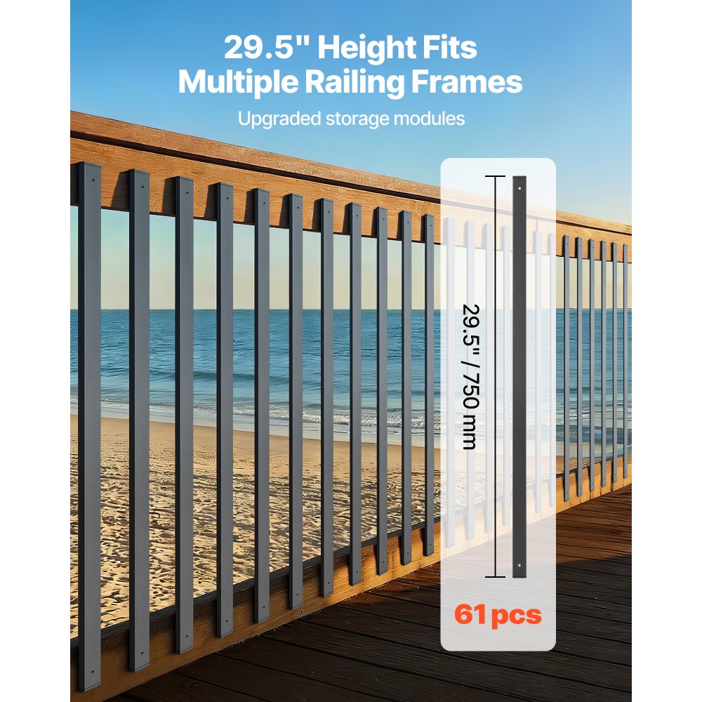 VEVOR 61 Pack Deck Balusters, 75 cm Galvanized Steel Railing Spindles, Hollow Rectangle Metal Decking Stair Balusters with Pre-Drilled Hole, End Caps, Screws, for Deck, Porch & Stair Railing, Black