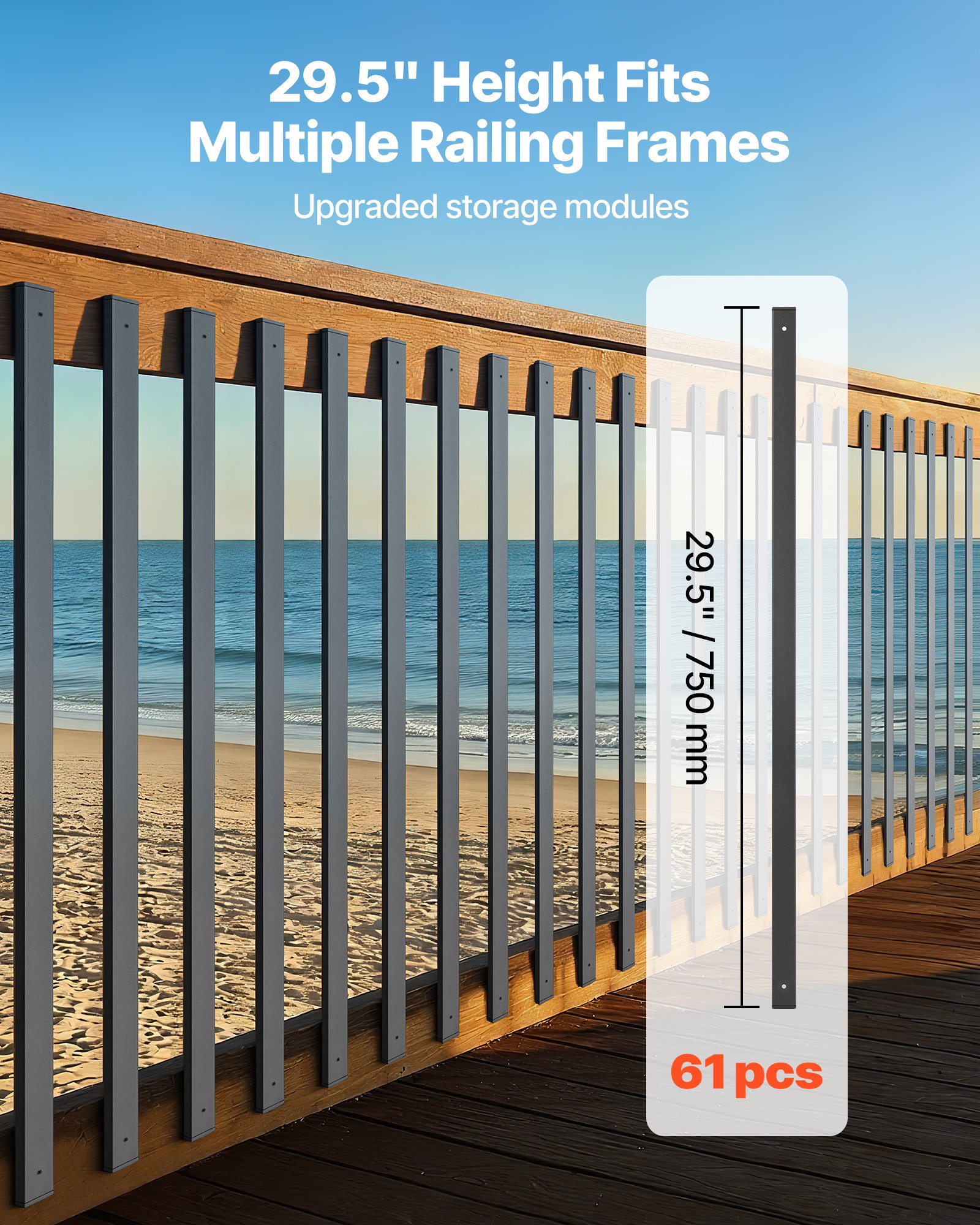 VEVOR 61 Pack Deck Balusters, 75 cm Galvanized Steel Railing Spindles, Hollow Rectangle Metal Decking Stair Balusters with Pre-Drilled Hole, End Caps, Screws, for Deck, Porch & Stair Railing, Black