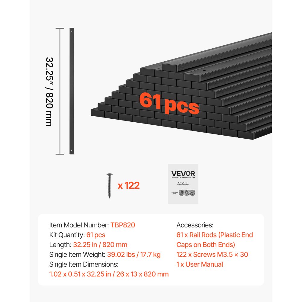 VEVOR 61 Pack Deck Balusters, 82 cm Galvanized Steel Railing Spindles, Hollow Rectangle Metal Decking Stair Balusters with Pre-Drilled Hole, End Caps, Screws, for Deck, Porch & Stair Railing, Black