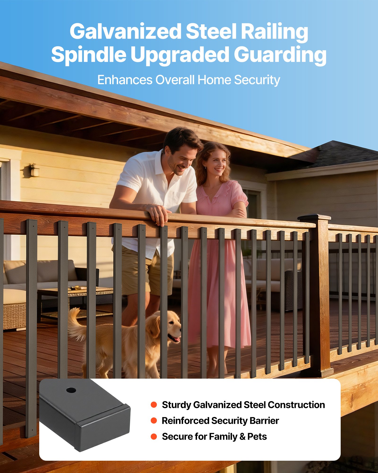 VEVOR 61 Pack Deck Balusters, 82 cm Galvanized Steel Railing Spindles, Hollow Rectangle Metal Decking Stair Balusters with Pre-Drilled Hole, End Caps, Screws, for Deck, Porch & Stair Railing, Black