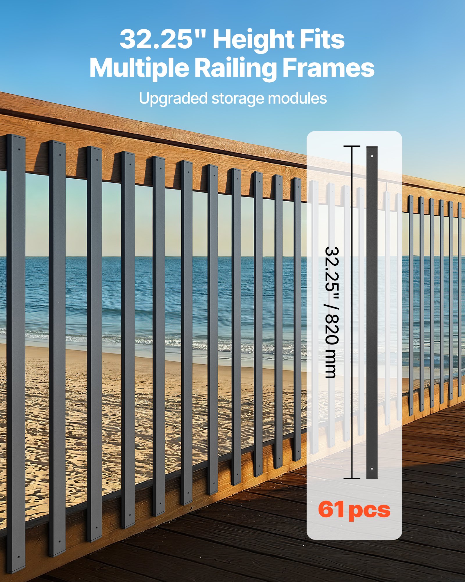 VEVOR 61 Pack Deck Balusters, 82 cm Galvanized Steel Railing Spindles, Hollow Rectangle Metal Decking Stair Balusters with Pre-Drilled Hole, End Caps, Screws, for Deck, Porch & Stair Railing, Black