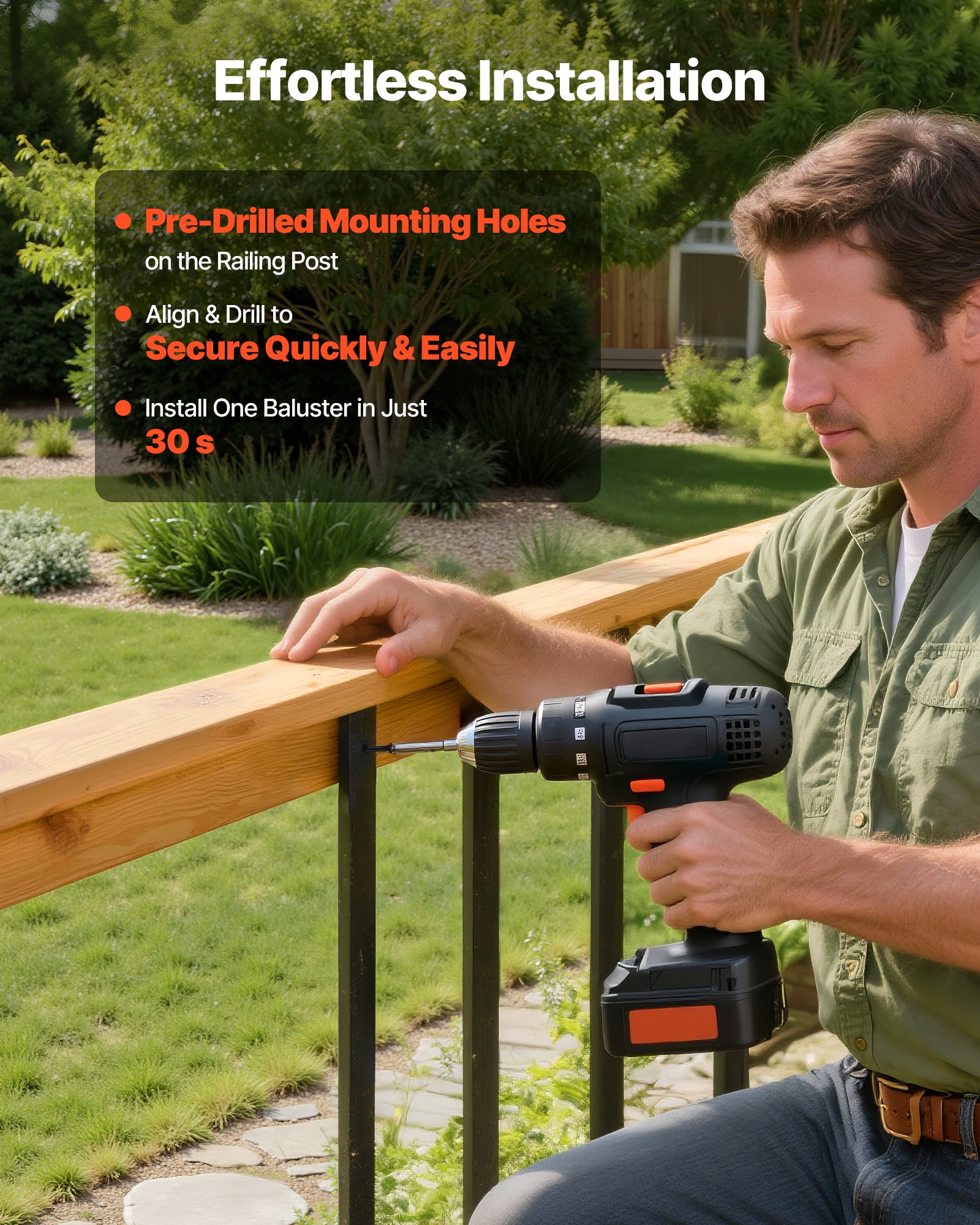 VEVOR 61 Pack Deck Balusters, 82 cm Galvanized Steel Railing Spindles, Hollow Rectangle Metal Decking Stair Balusters with Pre-Drilled Hole, End Caps, Screws, for Deck, Porch & Stair Railing, Black